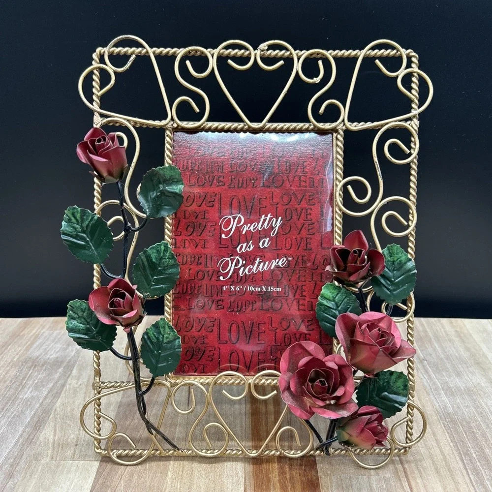Vintage Metal Rose Picture Frame Gold Tone Floral Easel Back Fits 4x6